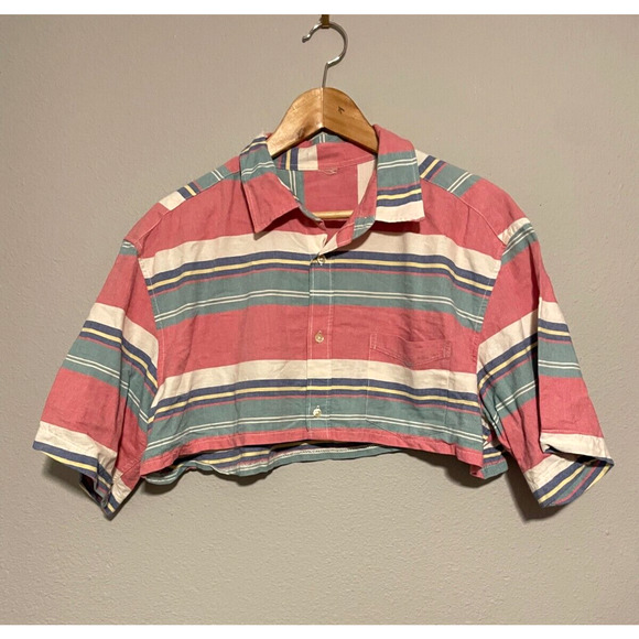 Unbranded Tops - Vintage Womens Handmade Crop Top Medium Striped Button Up Boxy Lagenlook Granola